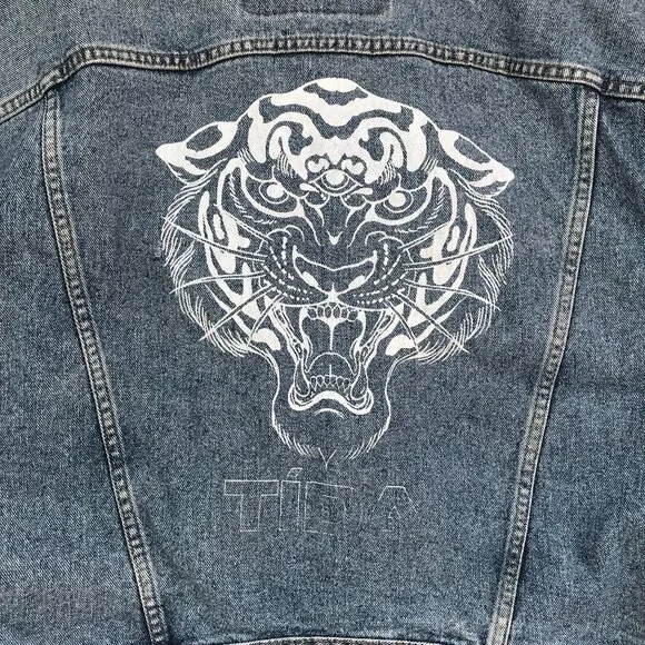 VINTAGE LEVIS MENS TRUCKER JACKET SCREEN PRINT WHITE TIGER LARGE
